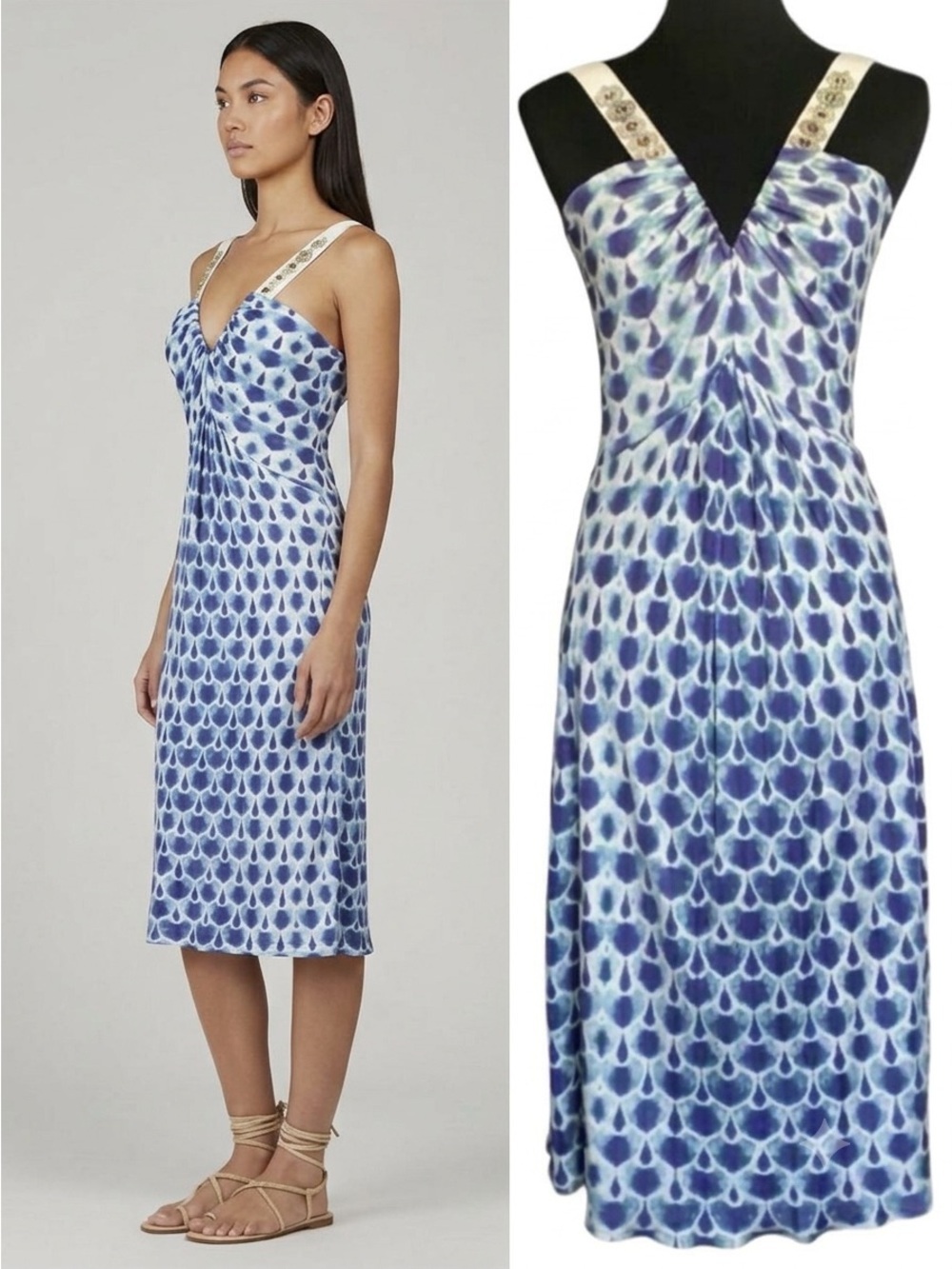 Alberta Ferretti Babydoll Cocktail Dress Sz.6 Blue White Designer Event Beaded